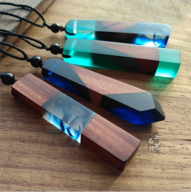 Handcrafted Wood & Resin Pendant Necklace — Vintage Boho Style