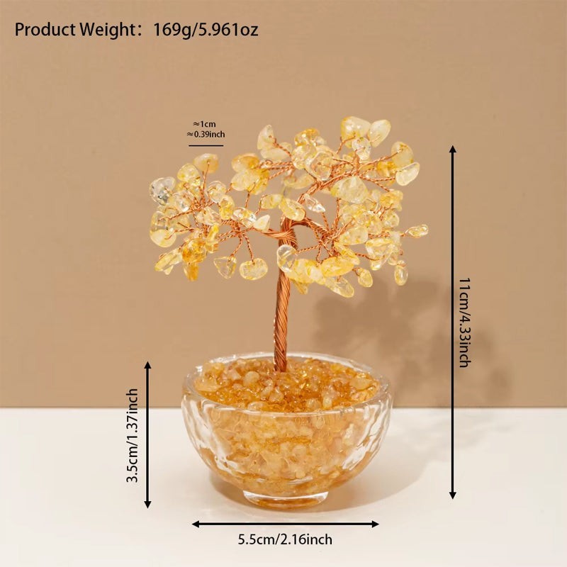 Arbre décoratif Glow Supply en pierres naturelles jaunes et fil de cuivre, 11cm de hauteur, dans un pot en verre.