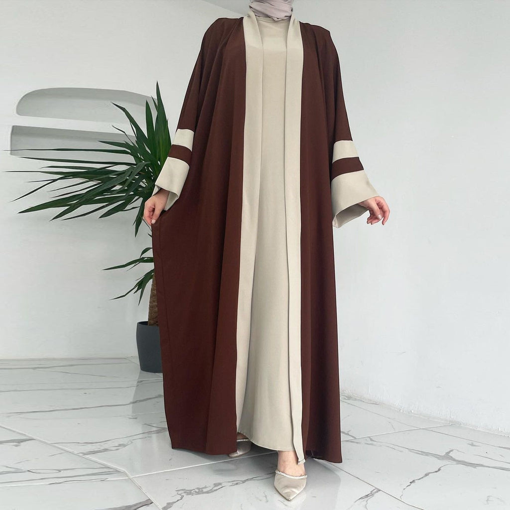 Glow Supply Ensemble abaya long dress marron et beige en polyester, manches regular, deux pièces.