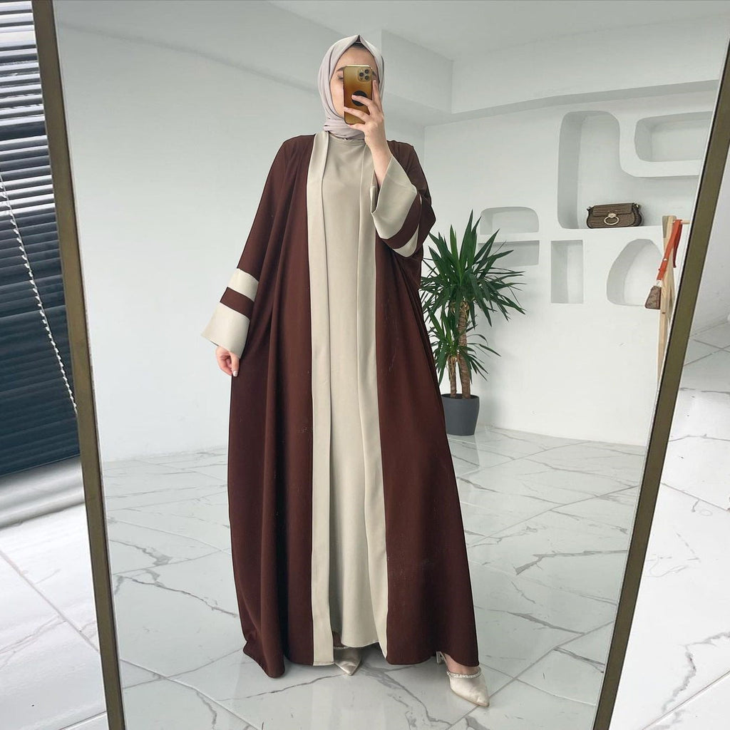 Ensemble deux pièces abaya longue musulmane marron et beige en polyester de Glow Supply, manches regular, style color block.