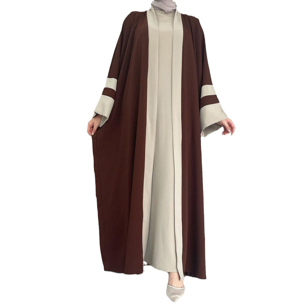 Glow Supply Ensemble abaya deux pièces marron et beige en polyester avec manches longues et détails color block.