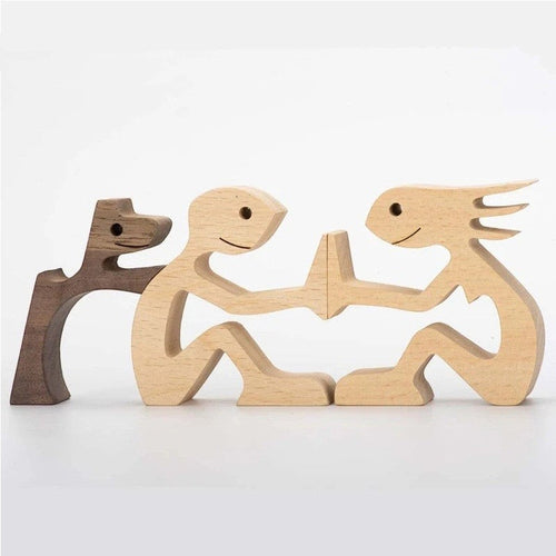 Glow Supply Sculpture en bois d'une famille de 3 personnes et d'un chien, artisanat fait à la main, décoration intérieure.