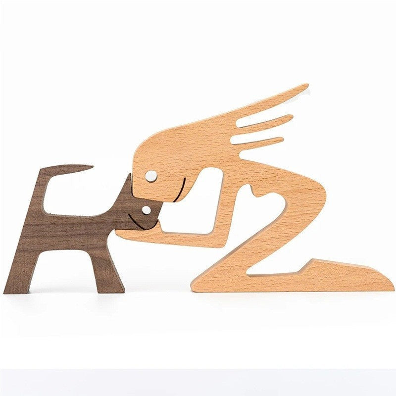 Sculpture en bois sculptée à la main d'une personne et d'un chat, décoration intérieure, bois naturel