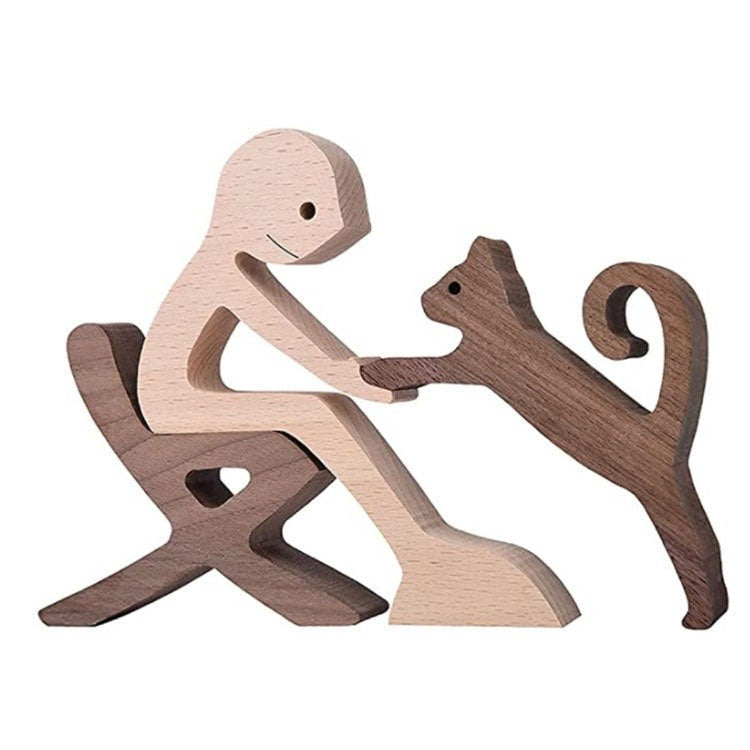 Sculpture en bois d'une personne assise et d'un chat, décoration artisanale, bois naturel, 2 couleurs