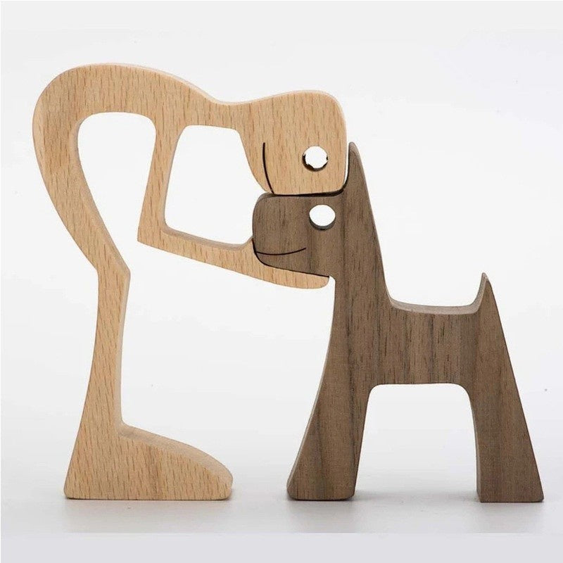 Sculpture en bois de chien et humain s'embrassant, décoration artisanale en bois naturel, cadeau pour amoureux des chiens