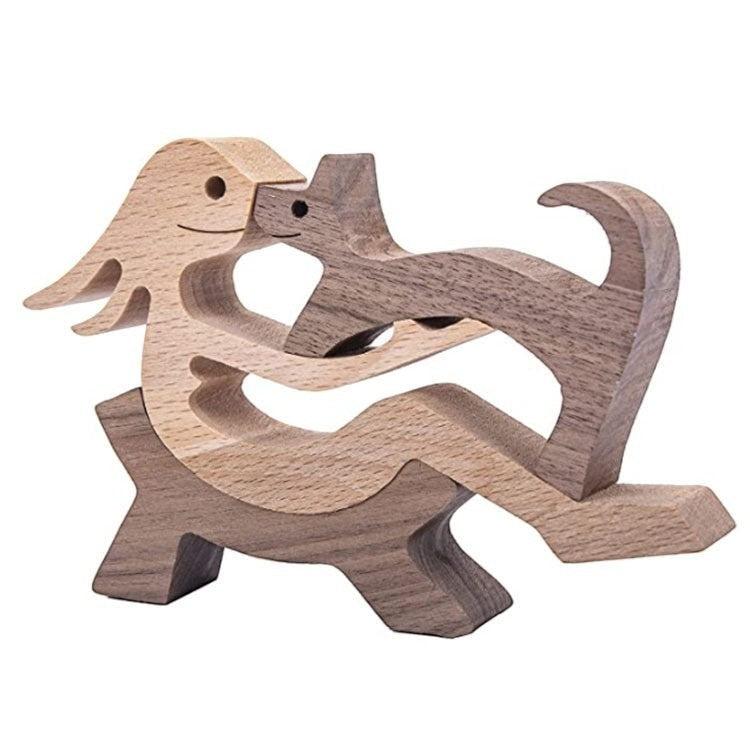 Sculpture en bois sculptée à la main représentant une personne et un chien, décoration intérieure, bois naturel.
