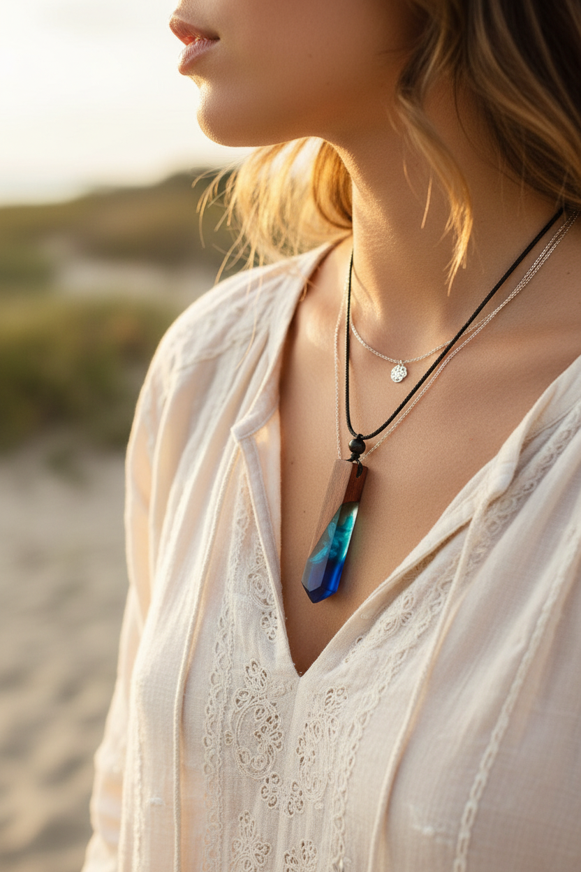 Jeune femme portant le collier bois & résine