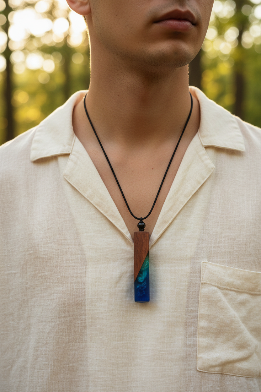 Jeune homme portant le collier bois & résine